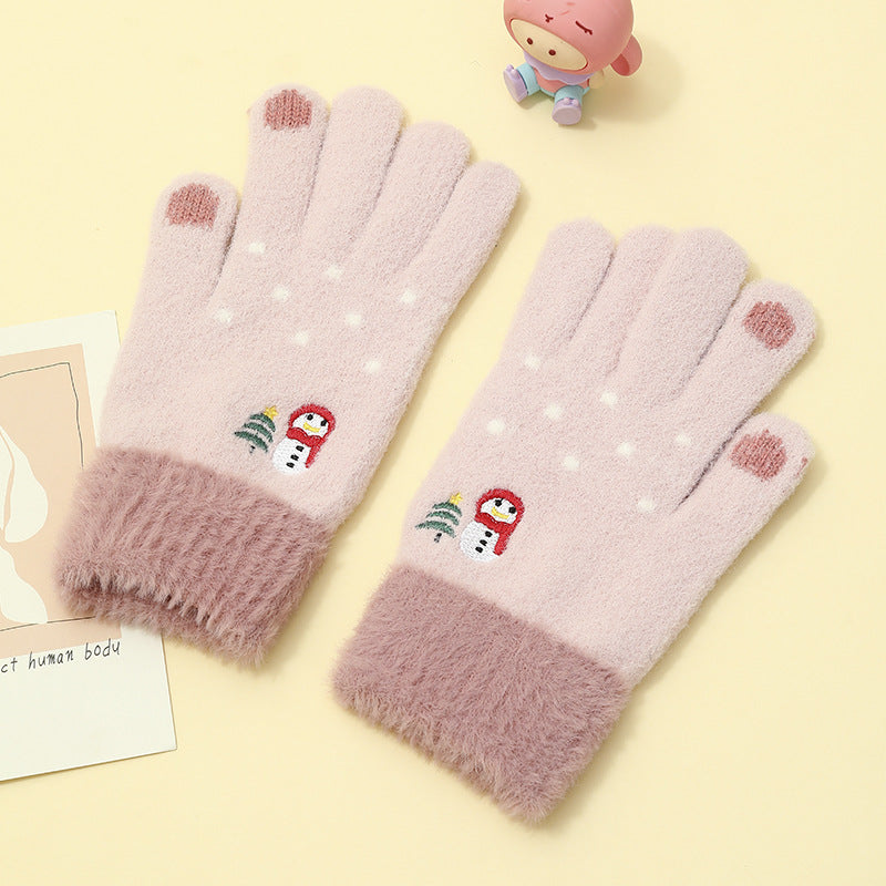 Padded And Thickened Warm Snowman Embroidered Touch Screen Gloves