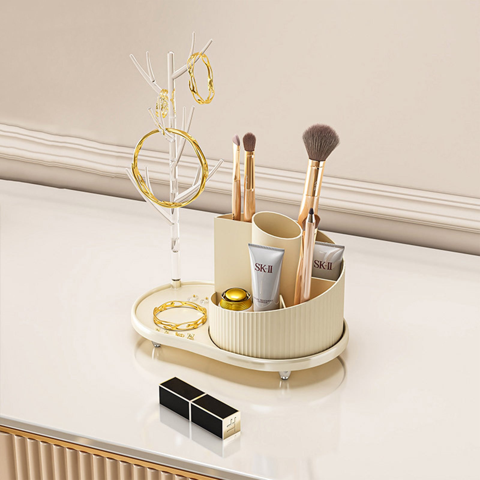 Rotating Makeup Organizer With Jewelry Storage Large Capacity Cosmetic Display Case Holds 20 Brushes, 10 Lipsticks, 8 Skincare Products 360 Spinning Vanity Organizer For Countertop & Bathroom
