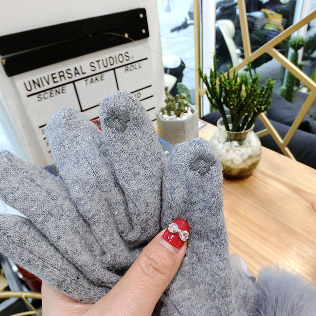 Women's Fur Ball Ladies' Wool Thickened Finger-pointing Gloves