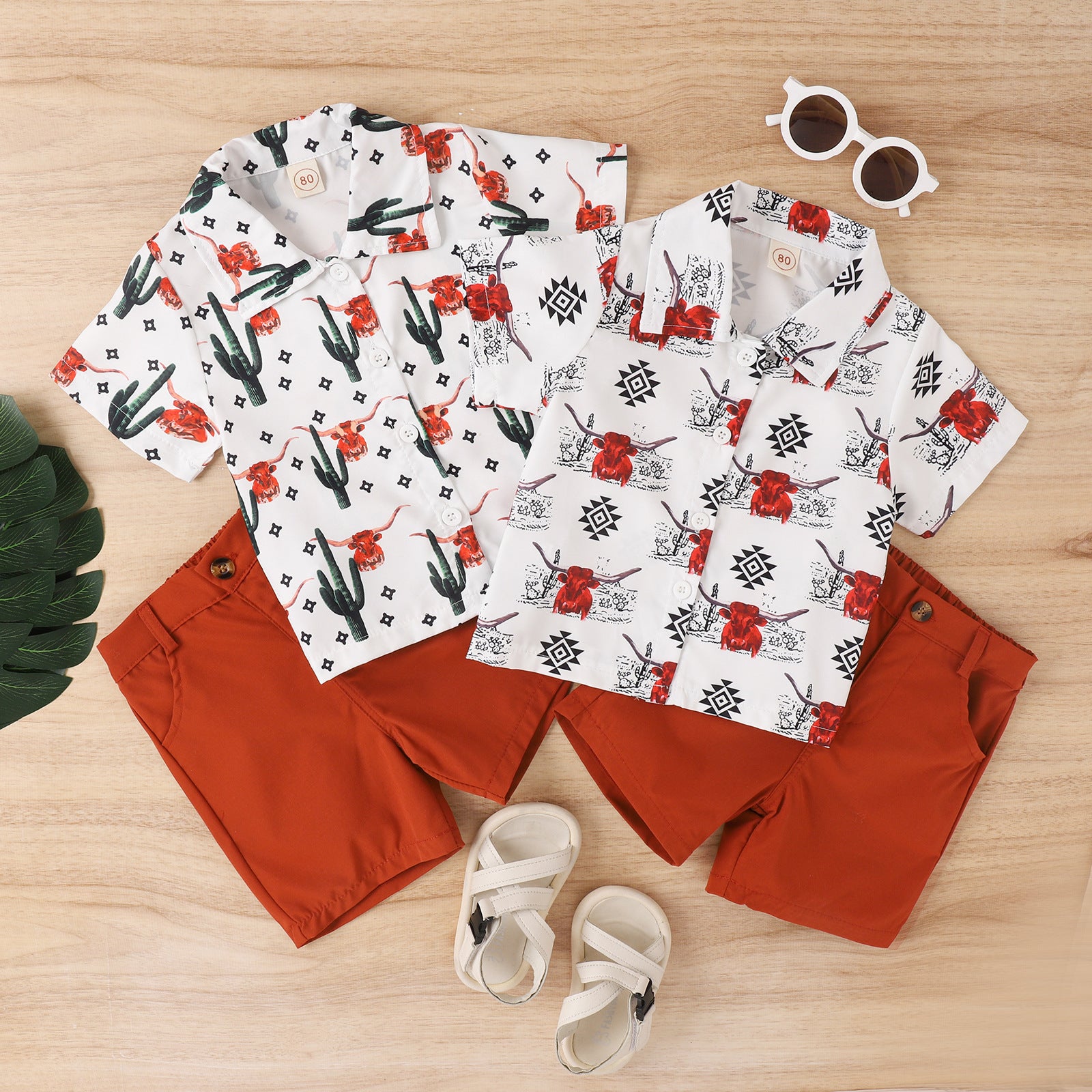Children Animal Print Short-sleeved Shirt And Shorts Suit