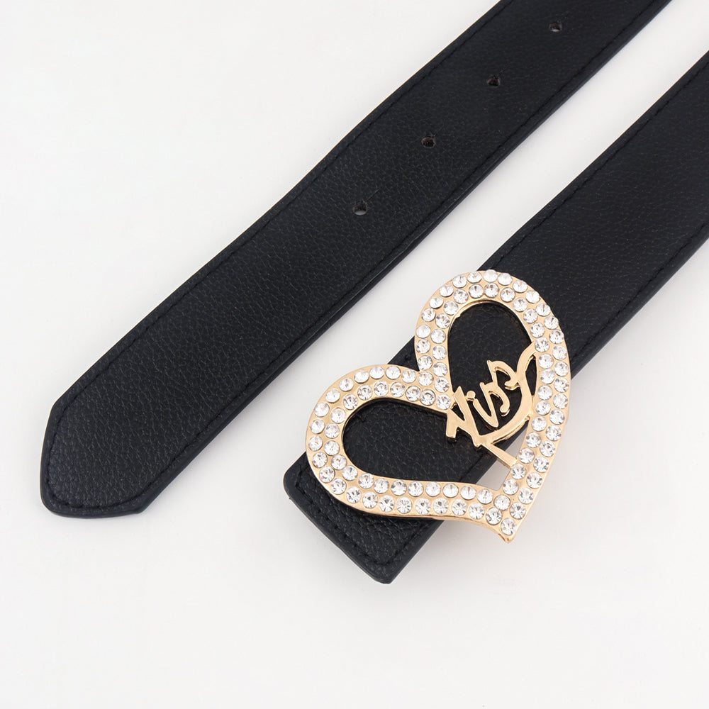 Ceinture Femme Noire Amour Incrusté Strass Boucle Dorée Ceinture Tendance Cent Jeans Jupe Manteau Assortis