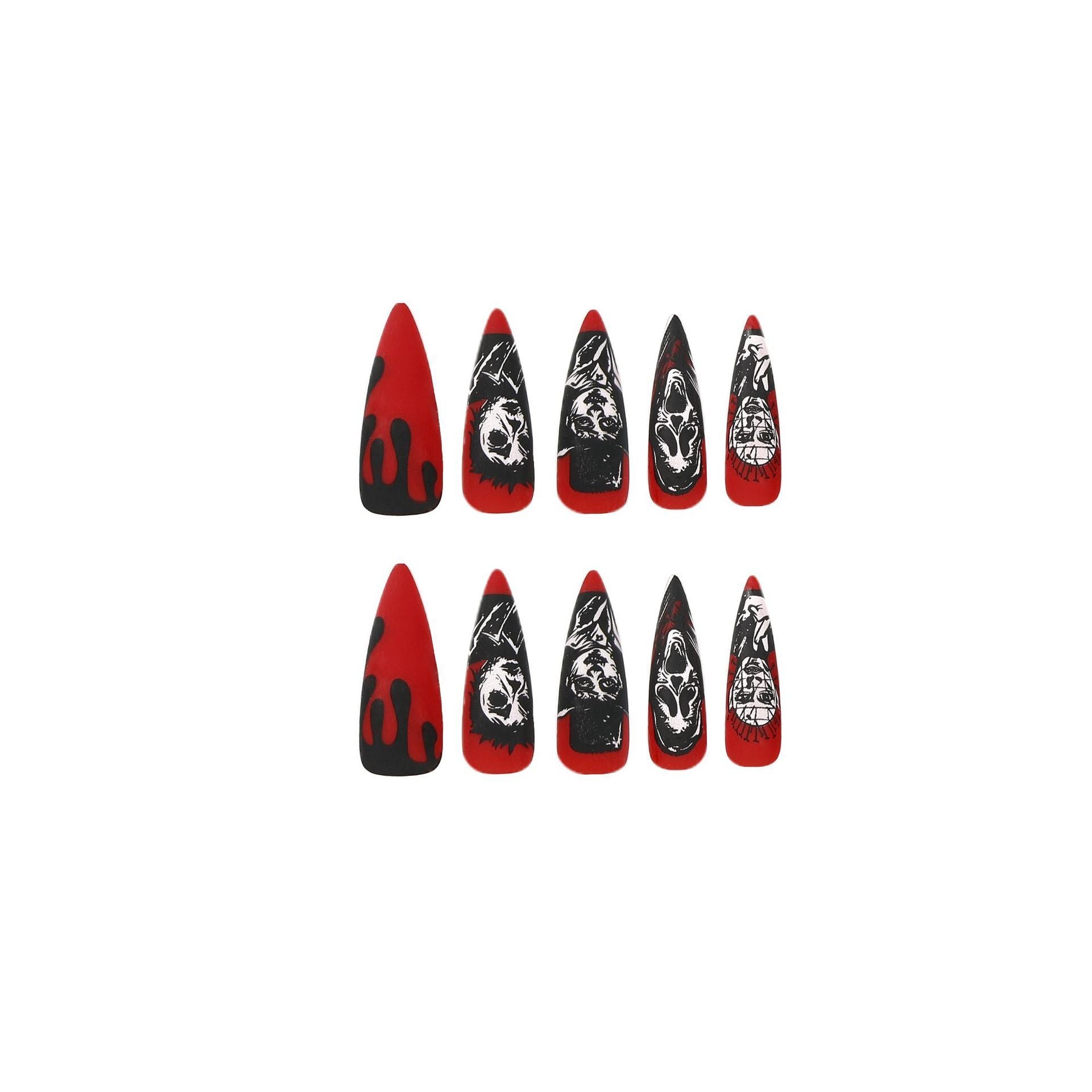 Manucure d'Halloween Européenne et Américaine Rouge avec Pointe d'Ongle Portrait Grimace Crâne Noir Contrastant