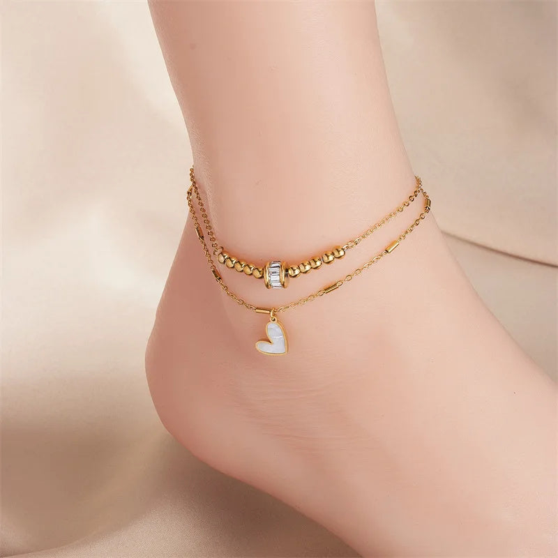 Bijoux fantaisie Boho Classique Amour Cœur Chaîne de cheville Double couche Chaîne bracelet Cheville Charme Pompon Chaîne de jambe Chaîne de pied Femme Fête Bijoux Accessoires