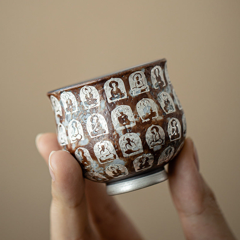 Tasse à thé en argile vieille roche plaquée argent, Bouddha