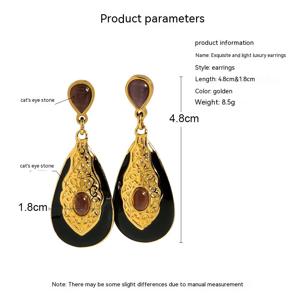 18K Gold-plated Titanium Steel Water Drop Exaggerated Earrings Carved Texture Inlaid Opal Stone Ear Studs