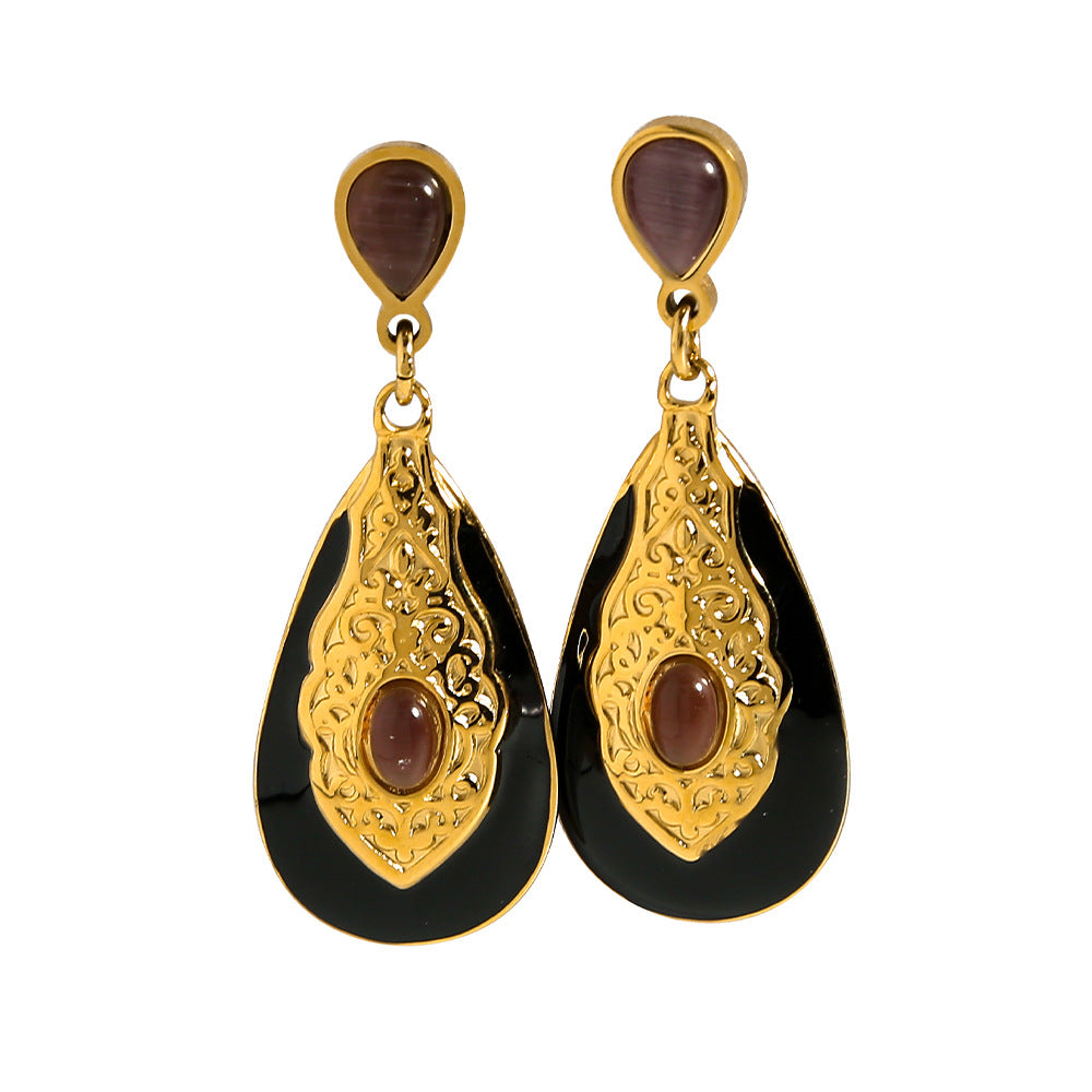 18K Gold-plated Titanium Steel Water Drop Exaggerated Earrings Carved Texture Inlaid Opal Stone Ear Studs