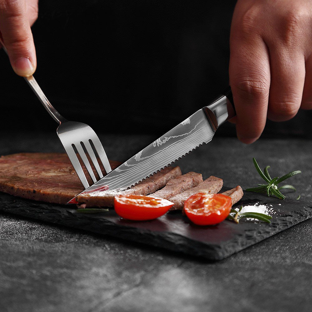 Western Steak Knife Damascus Pattern Stainless Steel Serrated Knife