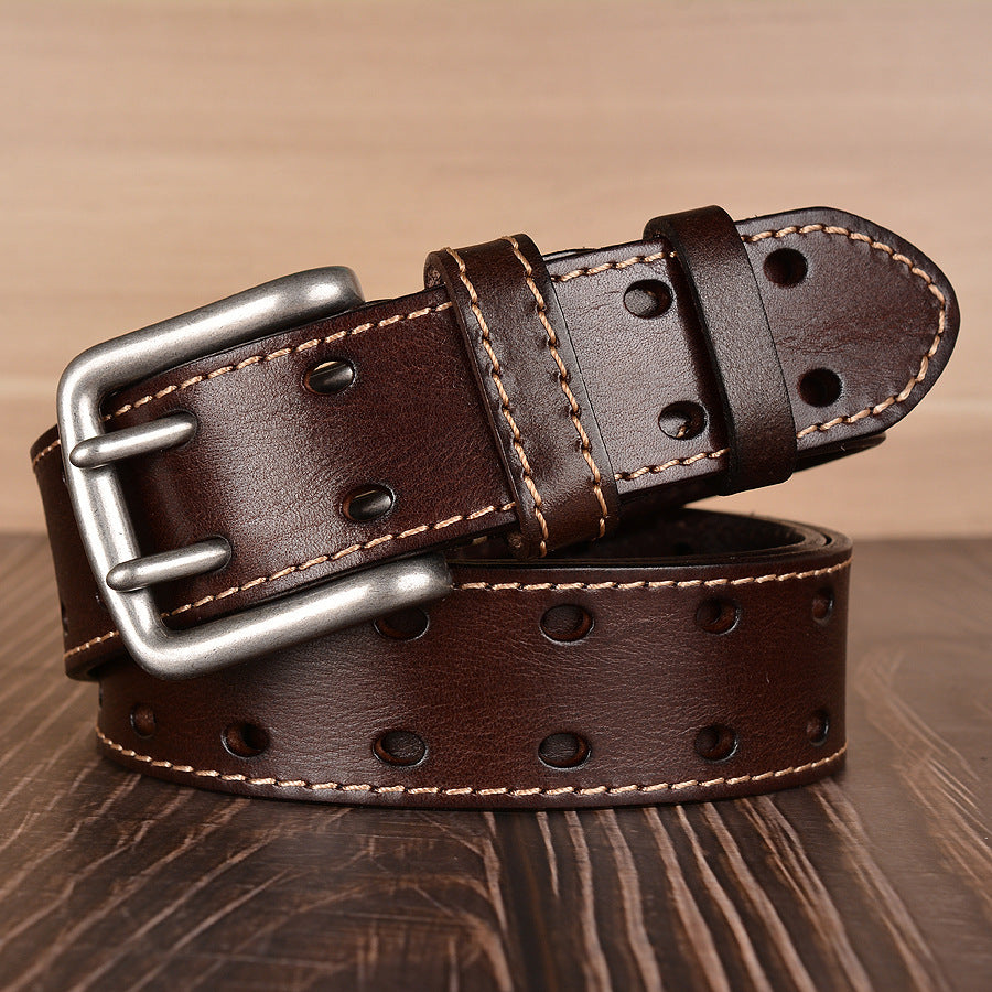 Ceinture en cuir de vachette première couche à double boucle ardillon Ceinture de mode Ceinture en cuir de vachette pour hommes Ceinture décontractée en jean pour hommes