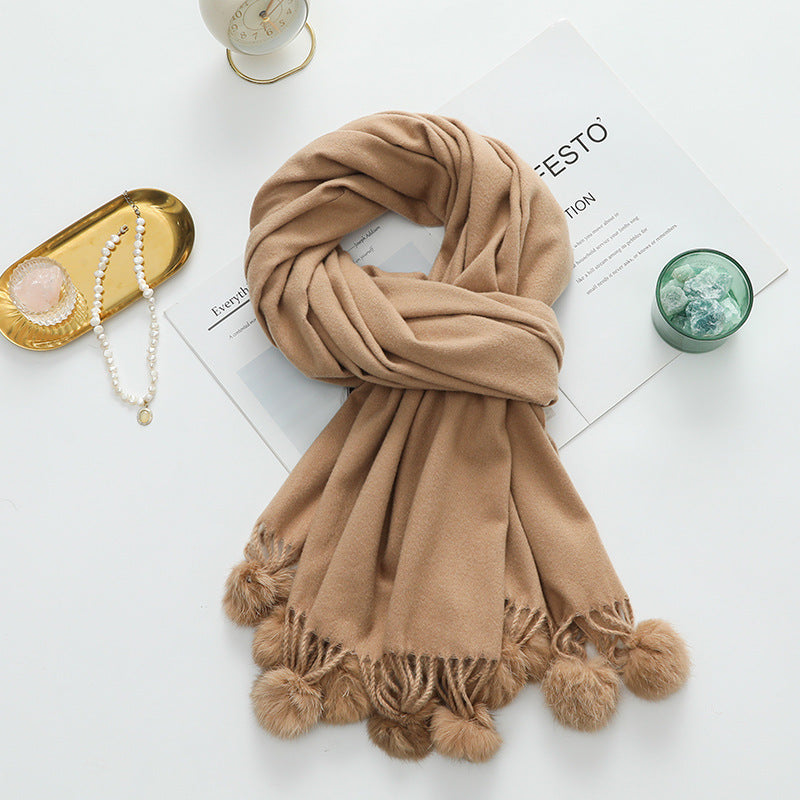 Versatile New-Style Womens Cape With Pompoms Cashmere And Wool Scarf