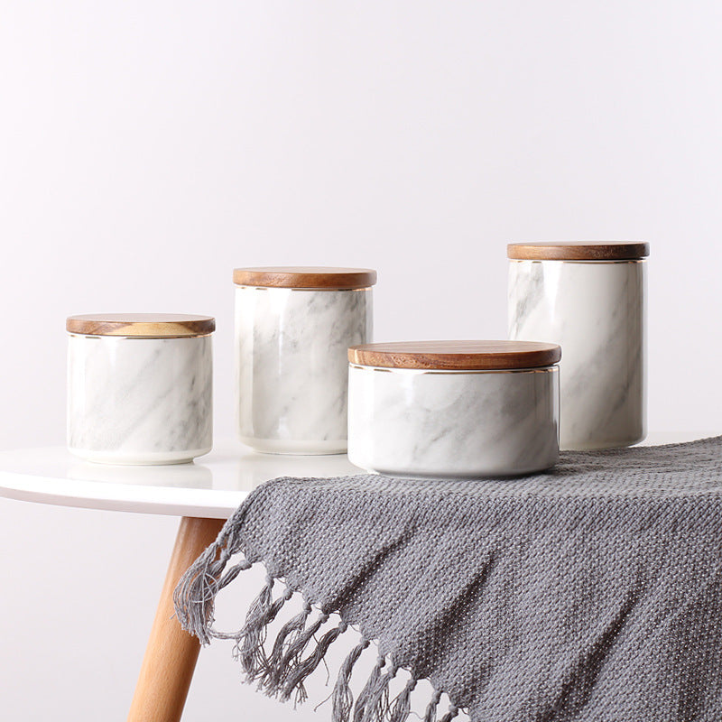 Marble Pattern Sealed Ceramic Storage Jar With Lid