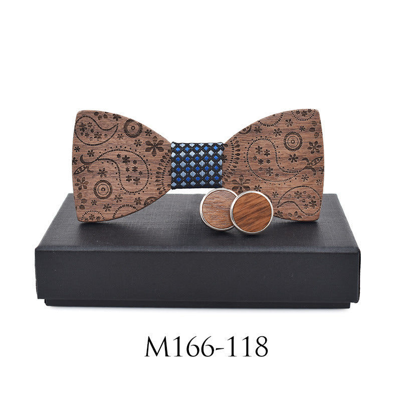 Paisley Carved Party Wood Bow Tie Cufflinks Set