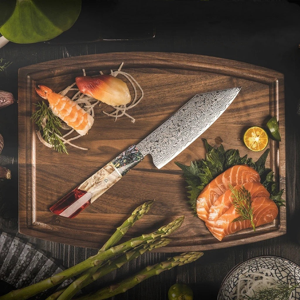 Couteau de cuisine Santoku japonais en acier de Damas