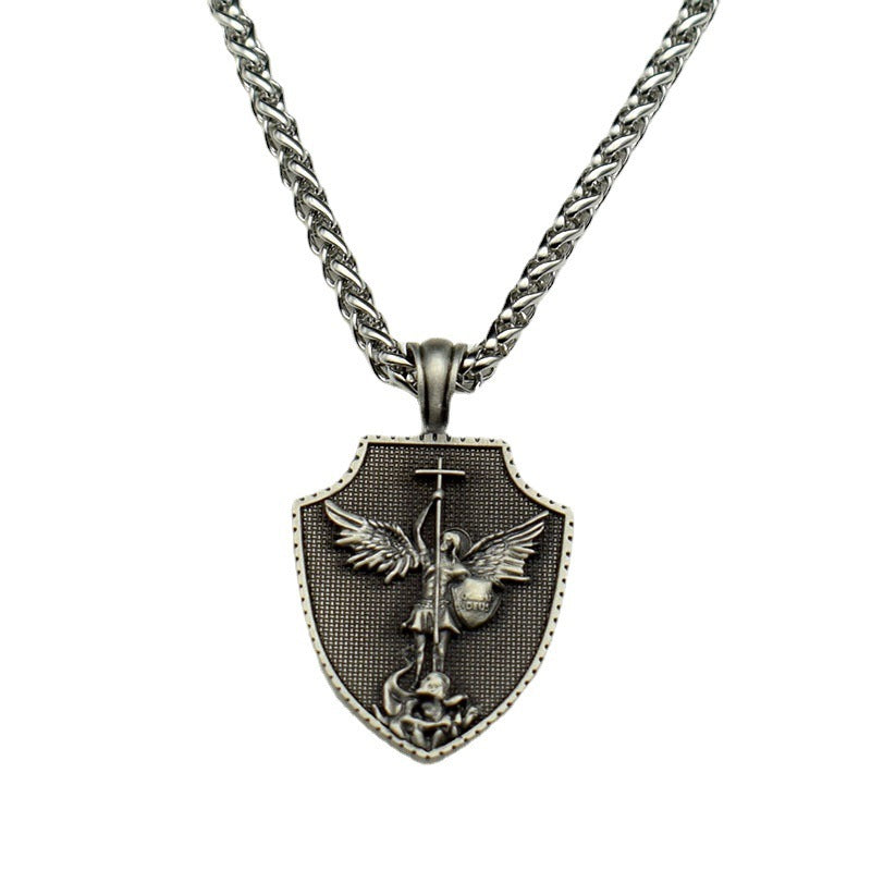 Vintage Titanium Men's Pendant Necklace Stainless Steel Shield