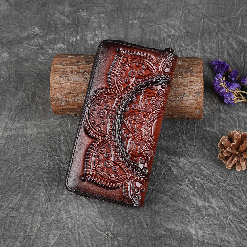 Portefeuille long pochette en cuir gaufré pour femmes