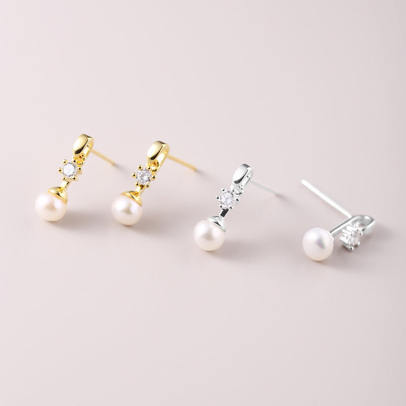 925 Sterling Silver Natural Pearl Zircon Stud Earrings For Women
