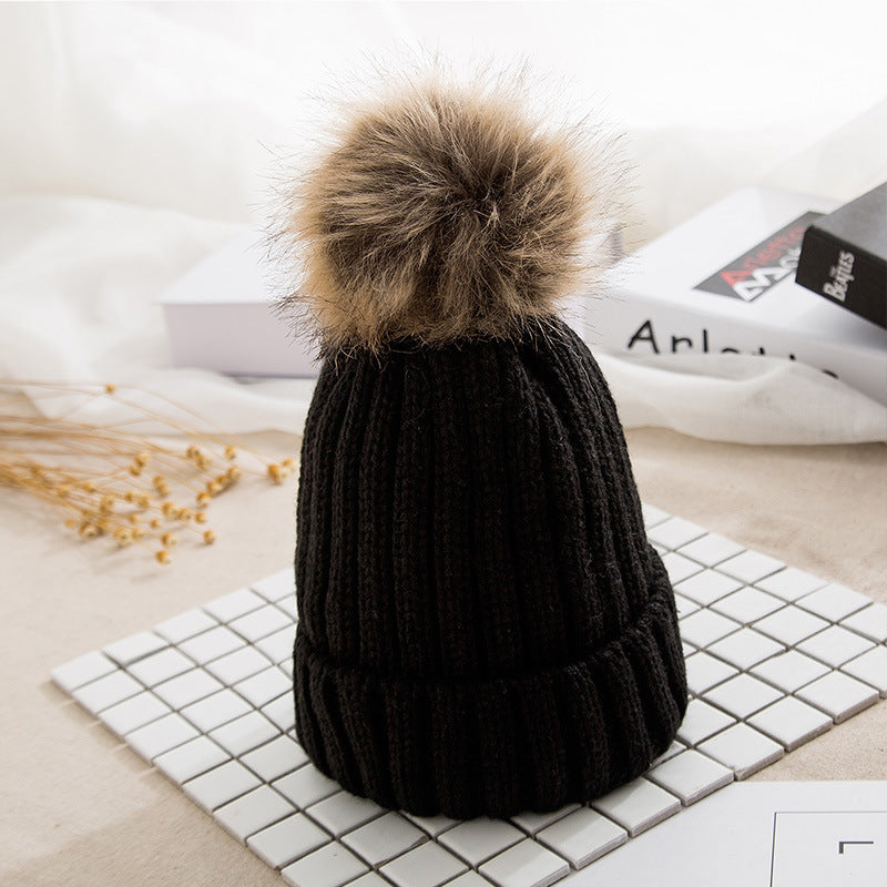 Thick Knit Hat Imitating Raccoon Fur Ball Warm Cap