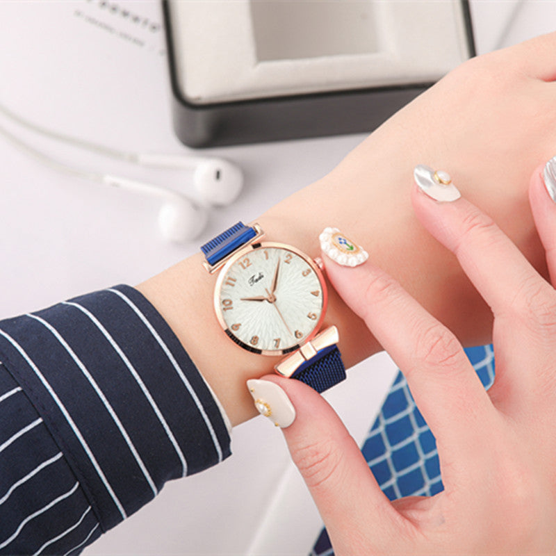 Casual Gift Set Women Disc Mesh Belt Quartz Watch Bracelet Bangle Set 6pcsset