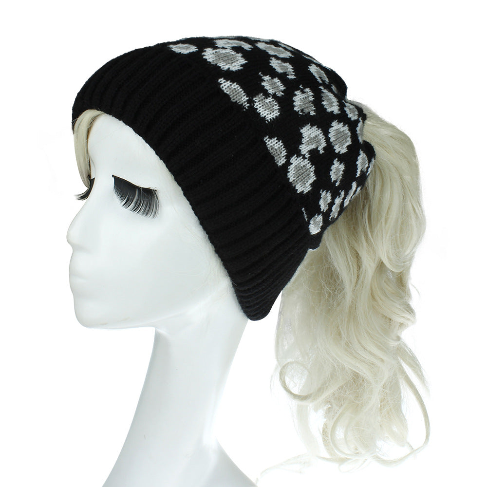 Bonnet queue de cheval tricoté à imprimé léopard, chaud et tendance pour l'extérieur