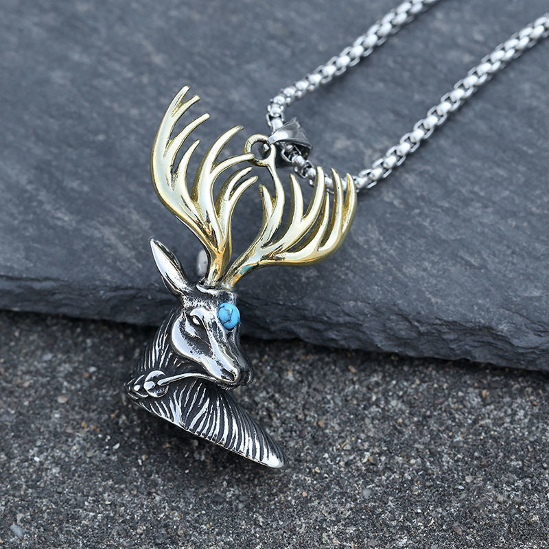 Steel Vintage Elk Horn Necklace Men Personality Pendant