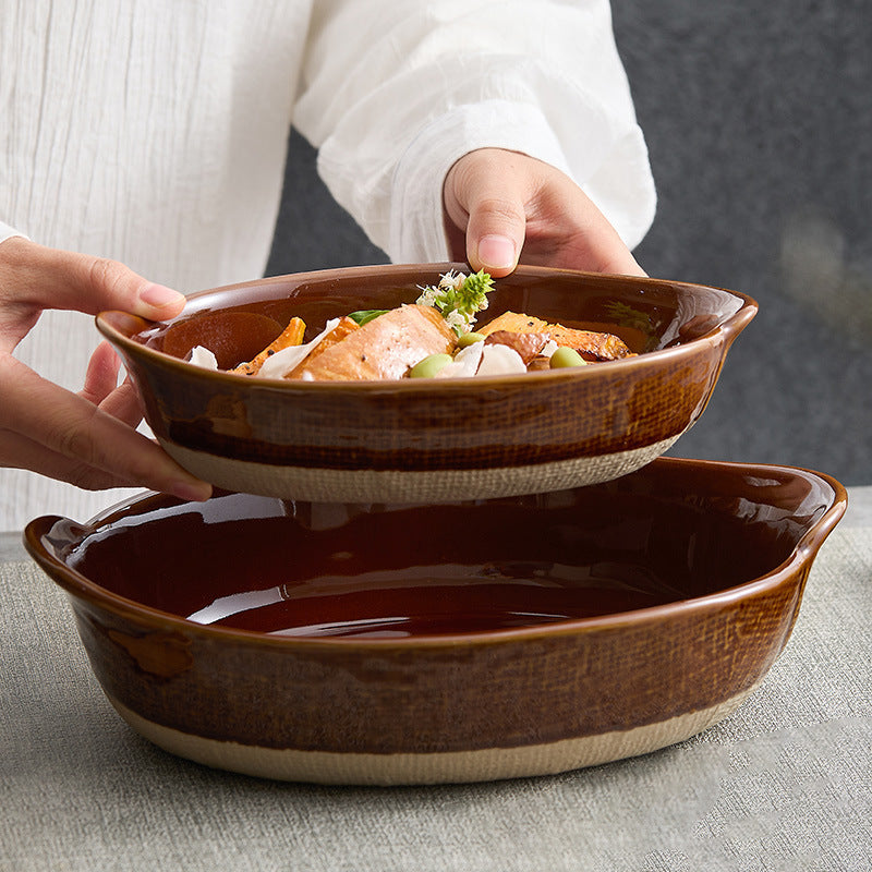 Retro Cheese Baked Rice Plate Double Handle Disk