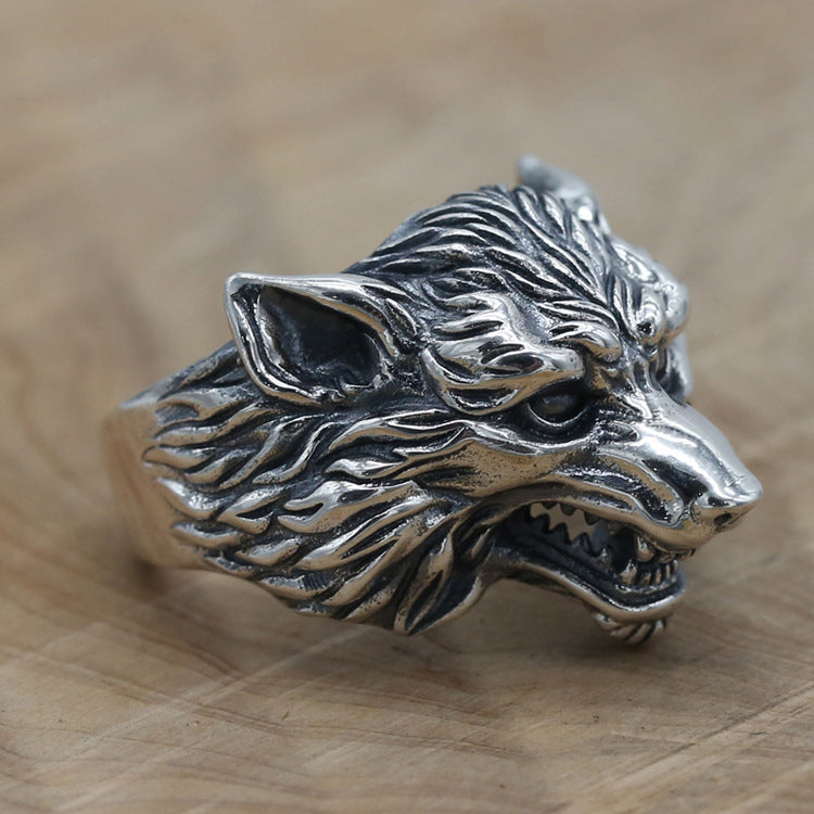 S925 Sterling Silver Wolf Head Ring Men's Accessories
