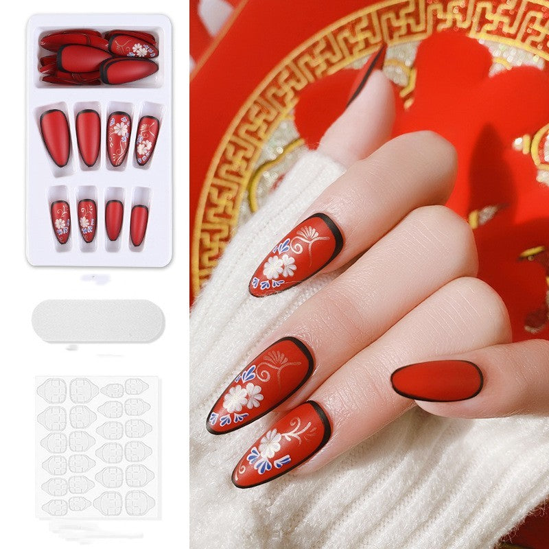 Ongles artificiels autocollants style chinois rouge vif Peinture Manucure