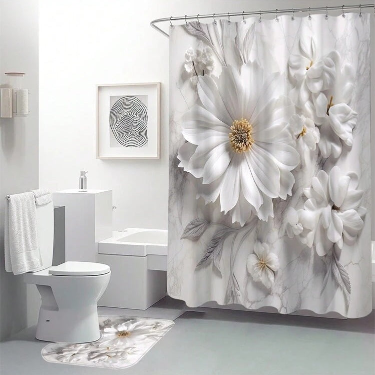 Simple Floral Pattern Waterproof Shower Curtain Suit