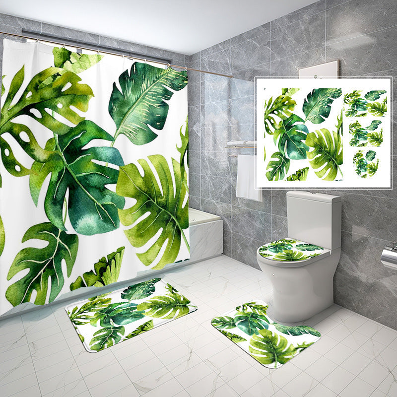 Natural Wind Leaves Printing Toilet Waterproof Shower Curtain Non-slip Floor Mat