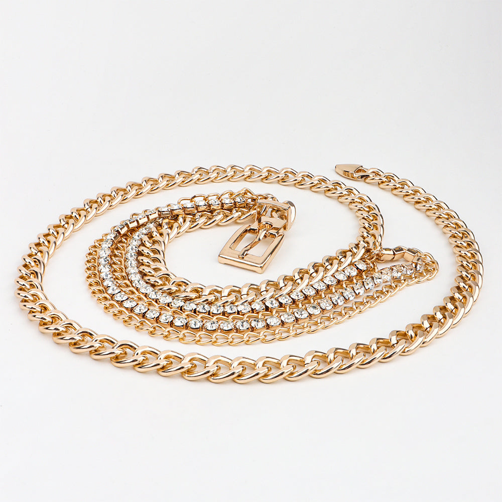 Chaîne de taille pour femmes, ceinture à boucle ardillon personnalisée, parure, robe, strass creux dorés, multi-couches, à nouer à la taille, assortie à tout.