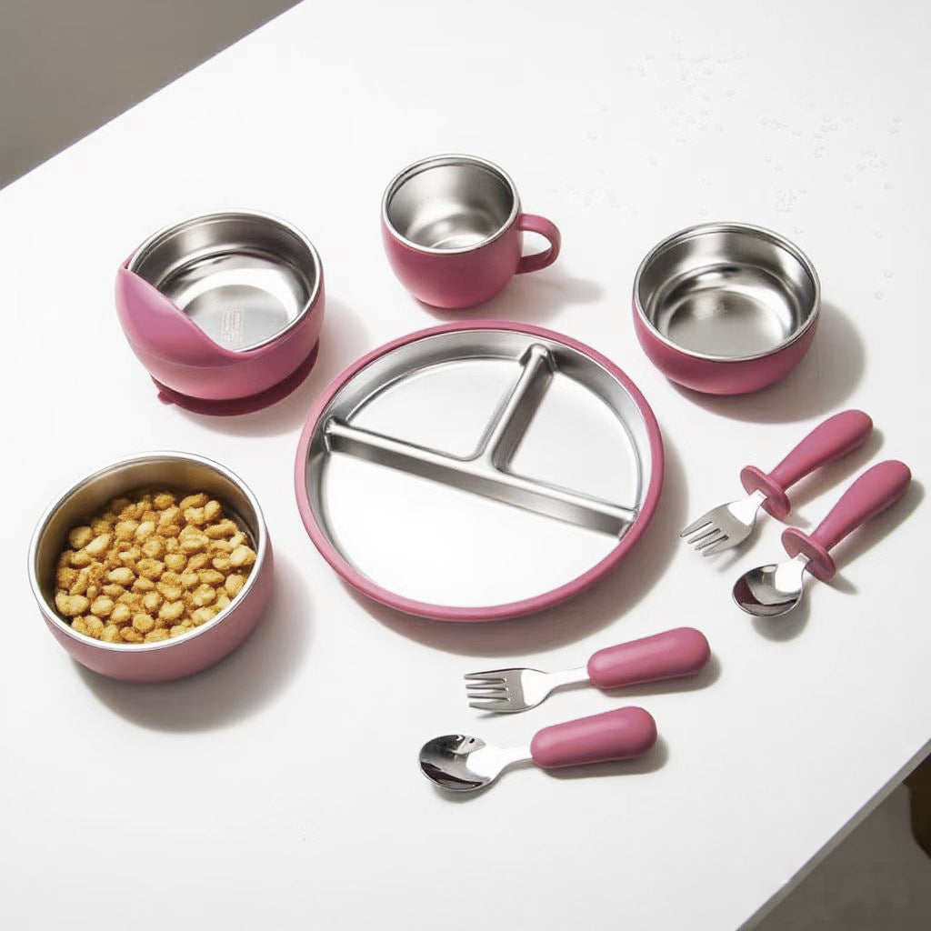 Set d'alimentation pour bébé en acier inoxydable et silicone, bol à ventouse, fourchette et cuillère pour bébé