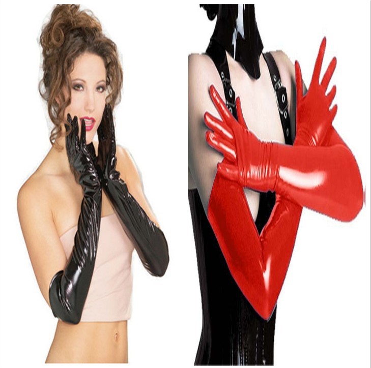 Gants en cuir verni brillant Effet laqué long Latex collé Tentation