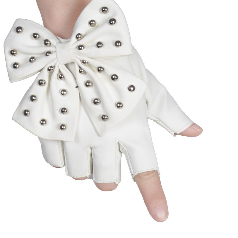 Lolita Gothic Rivet Bow Half Finger Pu Gloves