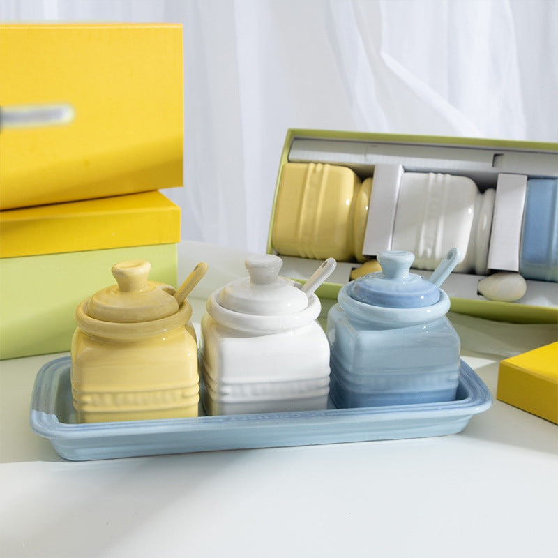 Bocaux à condiments en céramique avec cuillère Boîte cadeau Bouteille à condiment