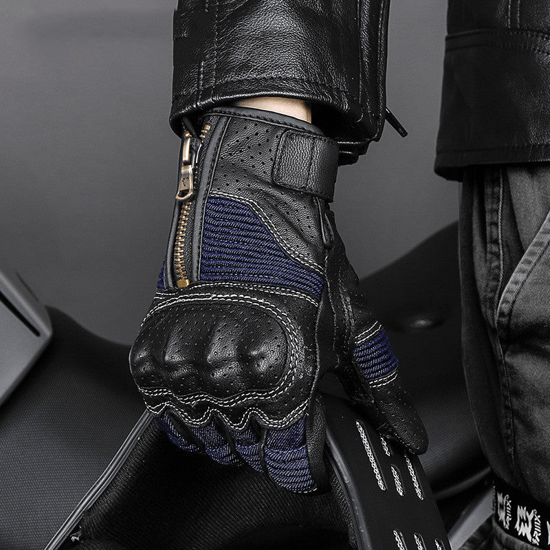 Men's Genuine Leather Sheepskin Vintage Perforated Motorcycle Gloves