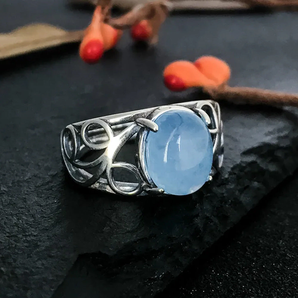 Retro Natural Gemstone Ring Hollow Pattern Ring