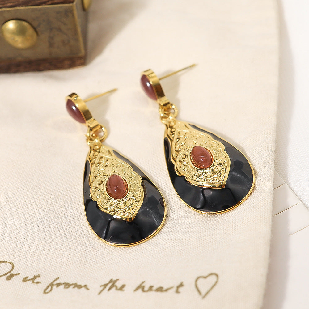 18K Gold-plated Titanium Steel Water Drop Exaggerated Earrings Carved Texture Inlaid Opal Stone Ear Studs