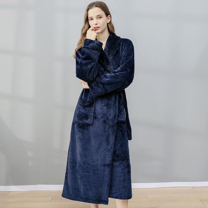 Long Coral Fleece Fleece-lined Thick Bathrobe Flannel Pajamas Homewear
