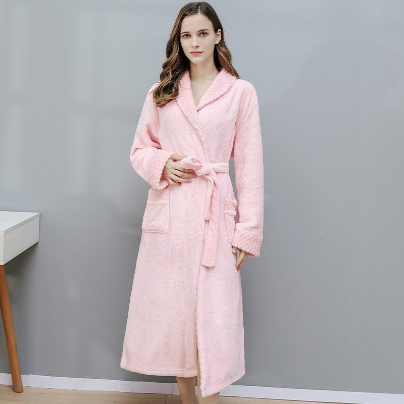 Long Coral Fleece Fleece-lined Thick Bathrobe Flannel Pajamas Homewear
