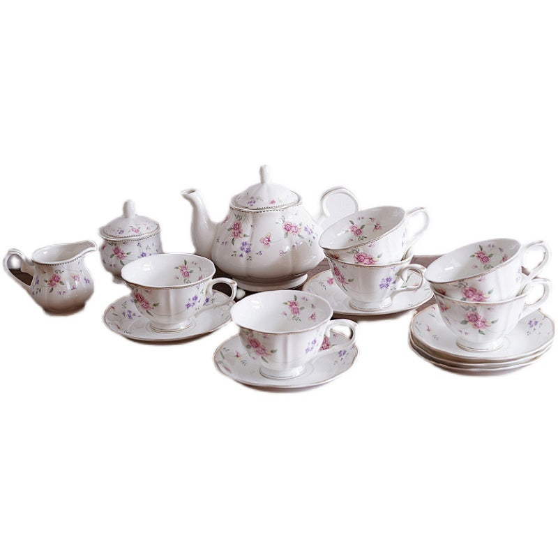 Service à thé/café en céramique avec motif floral et liseré doré