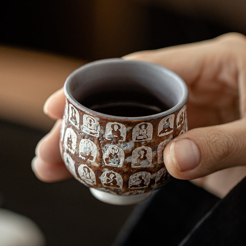 Tasse à thé en argile vieille roche plaquée argent, Bouddha