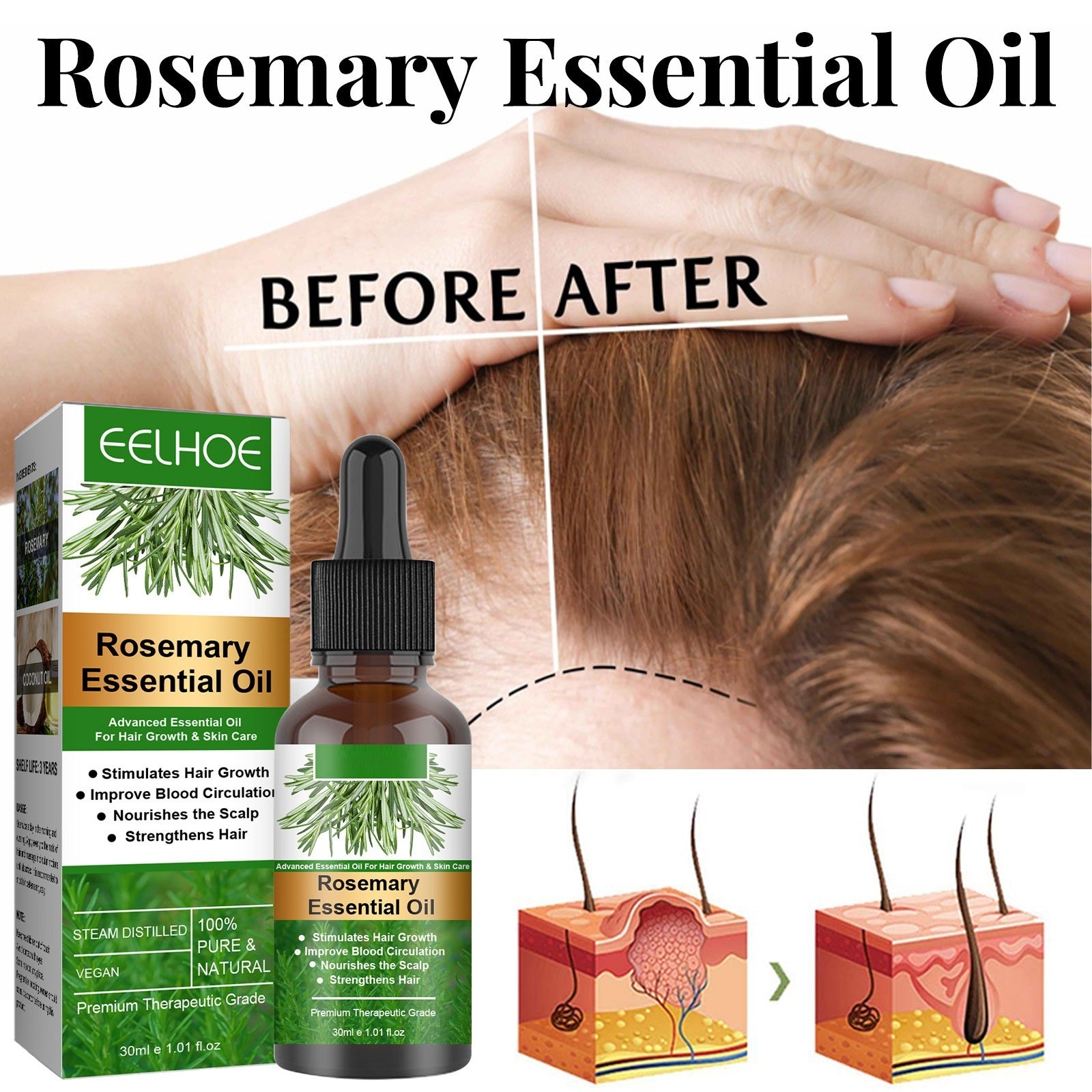 Huile essentielle de romarin pour les soins capillaires Anti-chute Croissance des cheveux Soin capillaire Nourrit le cuir chevelu et les racines des cheveux