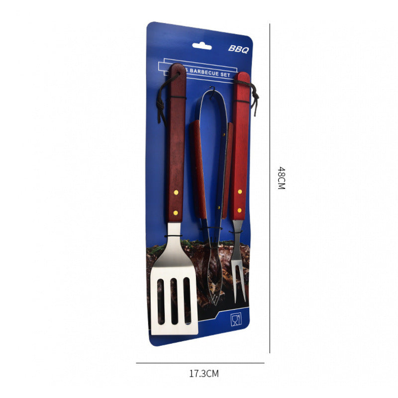 Ensemble de 3 ustensiles de barbecue en acier inoxydable avec manche en bois : spatule, fourchette et pince