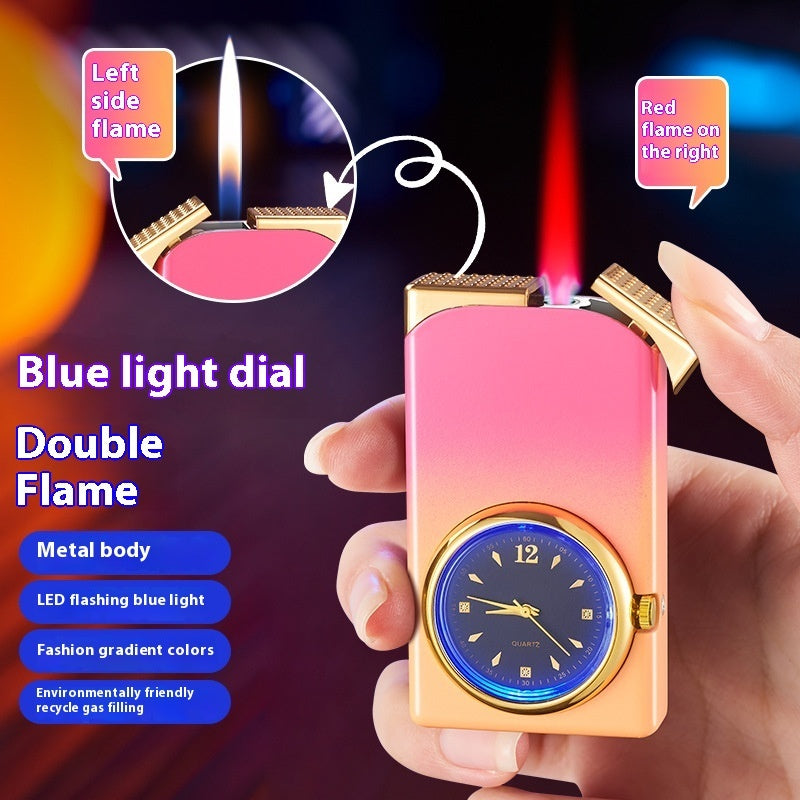 Windproof Double Flame Creative Quartz Real Dial Straight Open Flame Double Flame Gas Lighters Cross-border