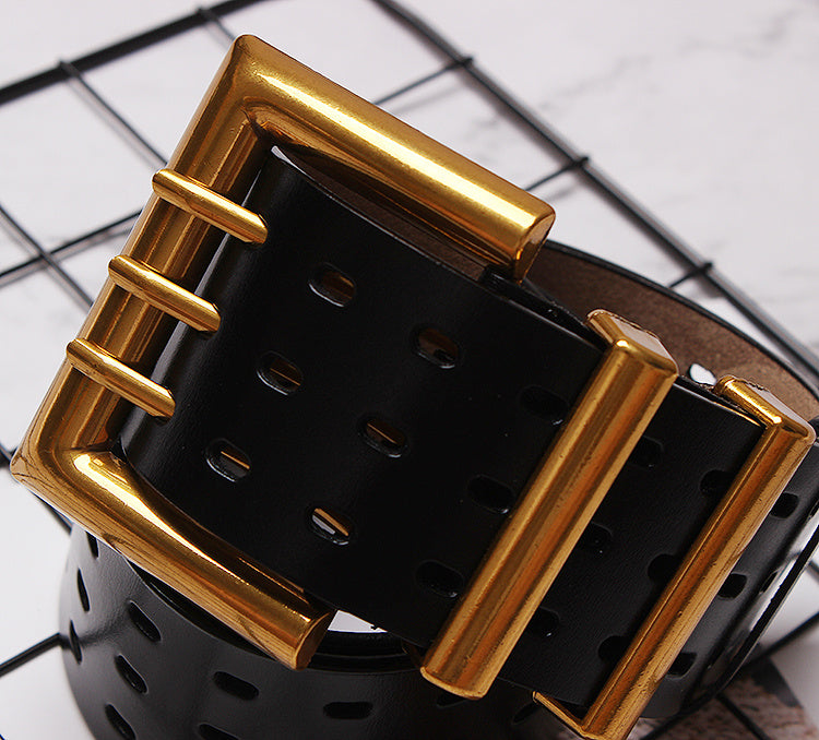 Ceinture large en cuir unie avec boucle en métal pour femme