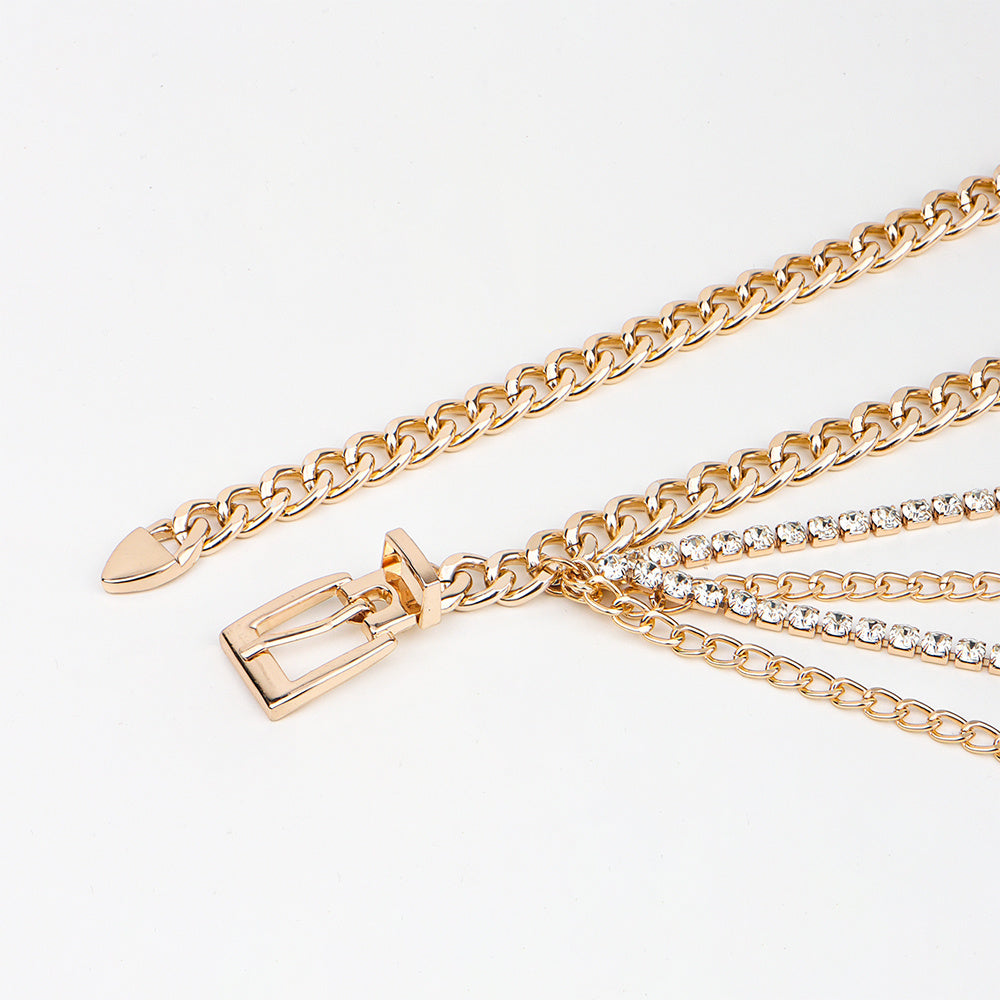 Chaîne de taille pour femmes, ceinture à boucle ardillon personnalisée, parure, robe, strass creux dorés, multi-couches, à nouer à la taille, assortie à tout.