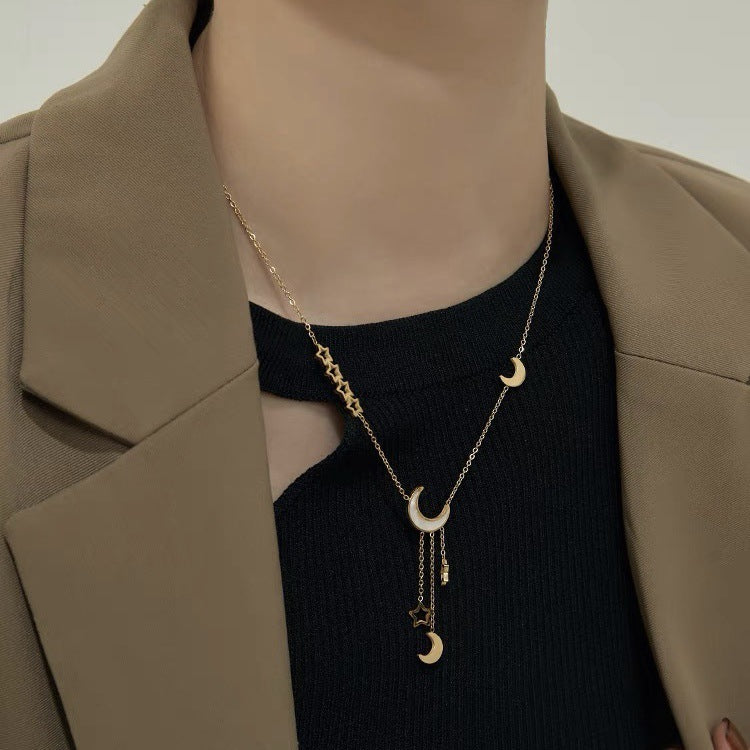 Three-dimensional Star Long Tassel Pentagram Moon Pendant Collarbone Chain