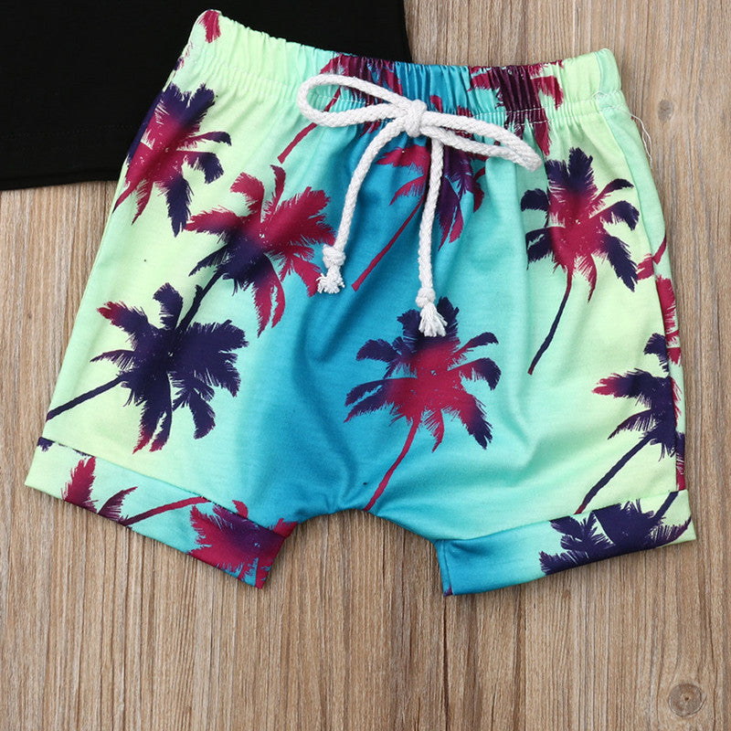 Black Vest Coconut Leaf Shorts Set Two-piece Elastic Cotton Set