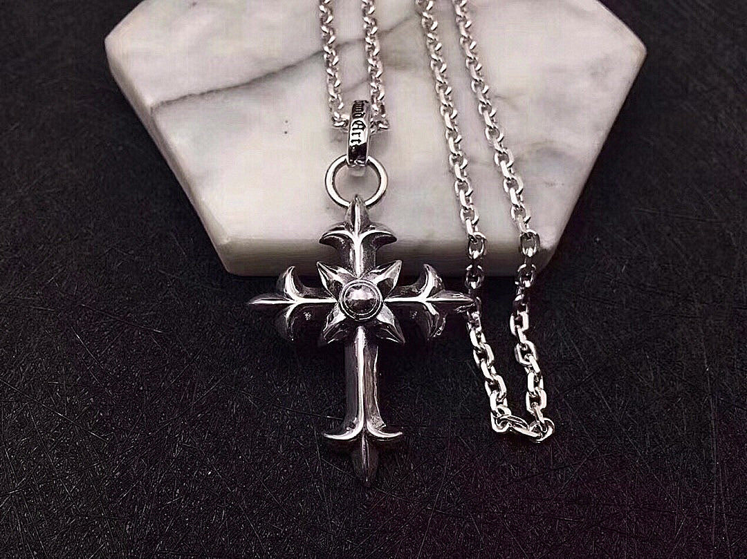 Chaîne de chandail argentée, style européen et américain, hip-hop de rue, pendentif croix personnalisé pour hommes, ensemble de chaînes rétro en argent thaïlandais