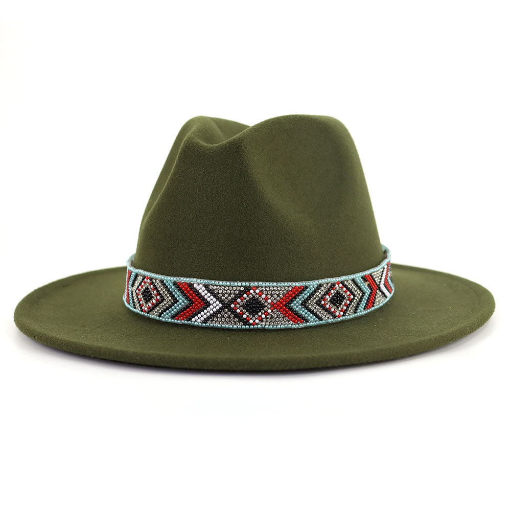 Autumn And Winter New Blue Bead Woolen Hat Fashion Panama Jazz Hat