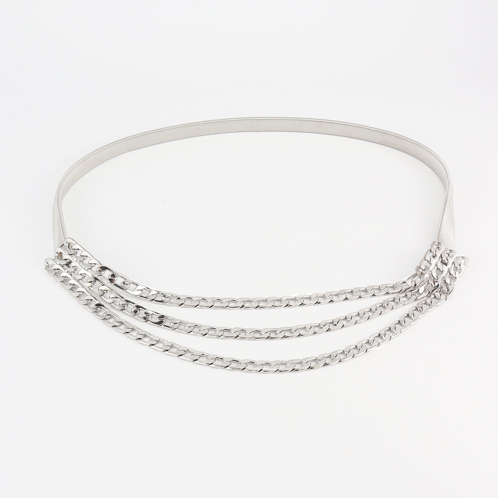 Ceinture-chaîne triple couche polyvalente et élastique, dorée, pour femme, à porter avec une robe.